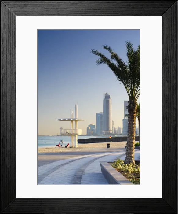 Framed Print : United Arab Emirates, Abu Dhabi, Corniche, Lifeguards and Skyline Framed Print : United Arab Emirates, Abu Dhabi, Corniche, Lifeguards and Skyline
