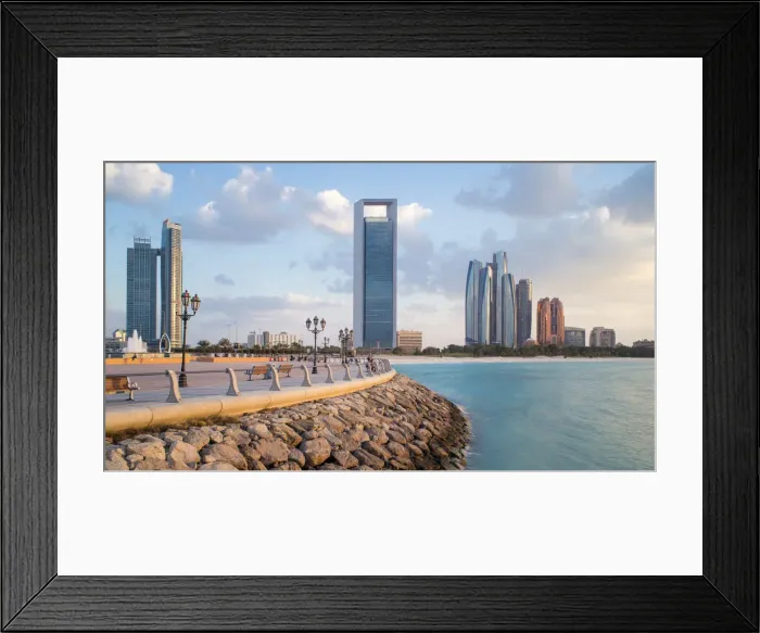 Framed Print : Etihad Towers and Emirates Palace hotel viewed from the Breakwater, Abu Dhabi, United Framed Print : Etihad Towers and Emirates Palace hotel viewed from the Breakwater, Abu Dhabi, United