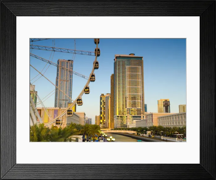 Framed Print : United Arab Emirates, Sharjah, Al Qasba Area, Eye of the Emirates wheel beside Qanat Framed Print : United Arab Emirates, Sharjah, Al Qasba Area, Eye of the Emirates wheel beside Qanat