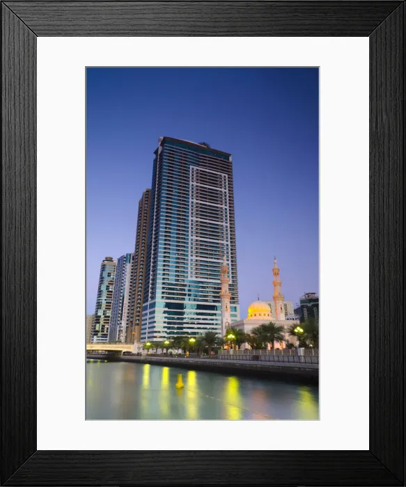 Framed Print : United Arab Emirates, Sharjah, Al Qasba Mosque beside Al Qasba Canal Framed Print : United Arab Emirates, Sharjah, Al Qasba Mosque beside Al Qasba Canal