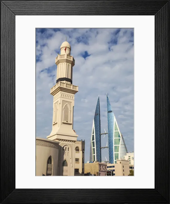 Framed Print : Bahrain, Manama, City Center, Ras Ruman Mosque and Bahrain World Trade Center Framed Print : Bahrain, Manama, City Center, Ras Ruman Mosque and Bahrain World Trade Center