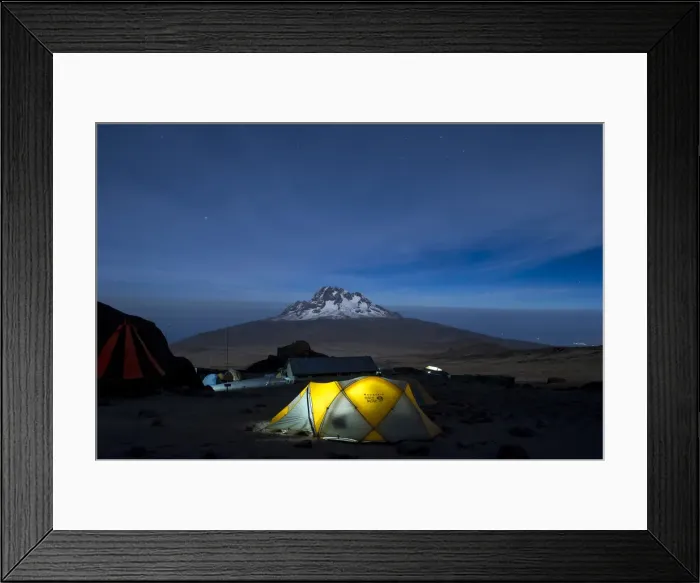Framed Print : Camping under the full moon, night shot of Mount Kilimanajro with tents Framed Print : Camping under the full moon, night shot of Mount Kilimanajro with tents