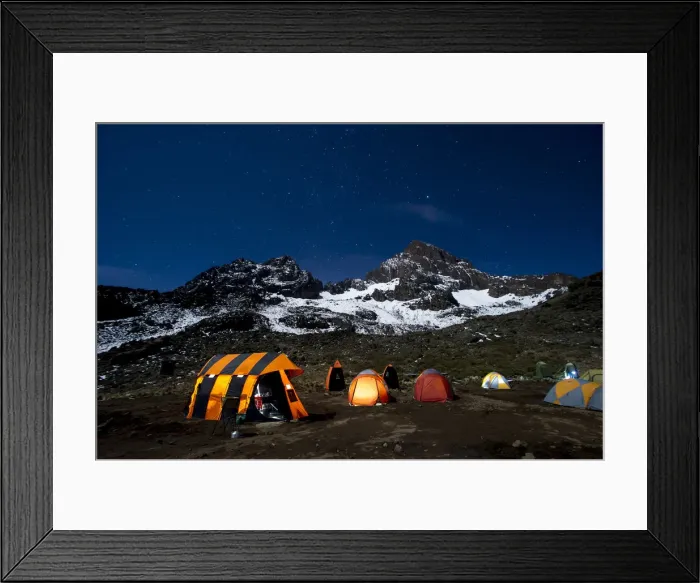 Framed Print : Camping under the full moon, night shot of Mount Kilimanajro with tents Framed Print : Camping under the full moon, night shot of Mount Kilimanajro with tents