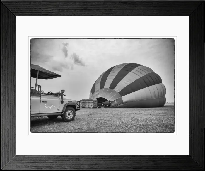 Framed Print : Singita safari car with hot air balloon in black and white, Serengeti Grumeti Reserve Framed Print : Singita safari car with hot air balloon in black and white, Serengeti Grumeti Reserve