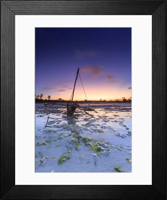 Framed Print : Tanzania. Zanzibar, Jambiani Beach, Dhow (traditional imbarcation) exposed at low tide