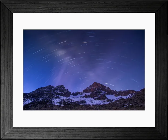 Framed Print : Views of Mawenzi peak with star trail, Mount Kilimanajro under the moonlight, Tanzania Framed Print : Views of Mawenzi peak with star trail, Mount Kilimanajro under the moonlight, Tanzania