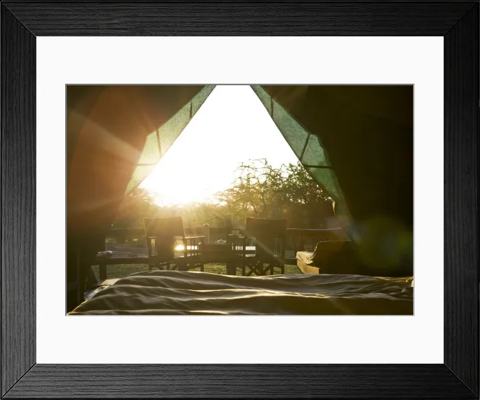 Framed Print : Sun rises into safari tent, from the bed, Tanzania Framed Print : Sun rises into safari tent, from the bed, Tanzania