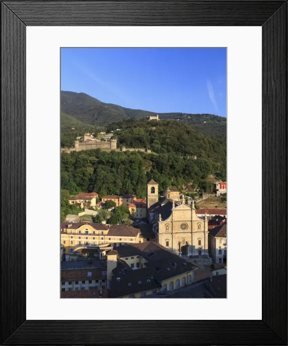 Framed Print : Switzerland, Ticino, Bellinzona, view of town from Castelgrande ramparts Framed Print : Switzerland, Ticino, Bellinzona, view of town from Castelgrande ramparts