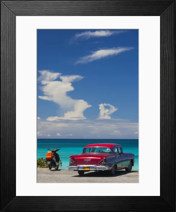 Framed Print : Cuba, Matanzas Province, Varadero, Varadero Beach with 1958 US-made Cheverlot Framed Print : Cuba, Matanzas Province, Varadero, Varadero Beach with 1958 US-made Cheverlot