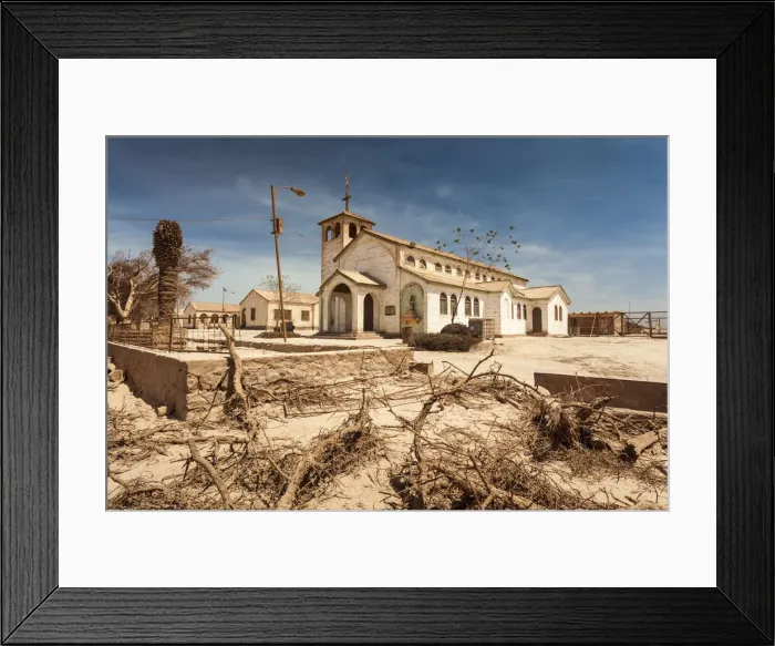 Framed Print : Chile, Officina Pedro de Valdivia, former saltpeter mining ghost town, town church Framed Print : Chile, Officina Pedro de Valdivia, former saltpeter mining ghost town, town church