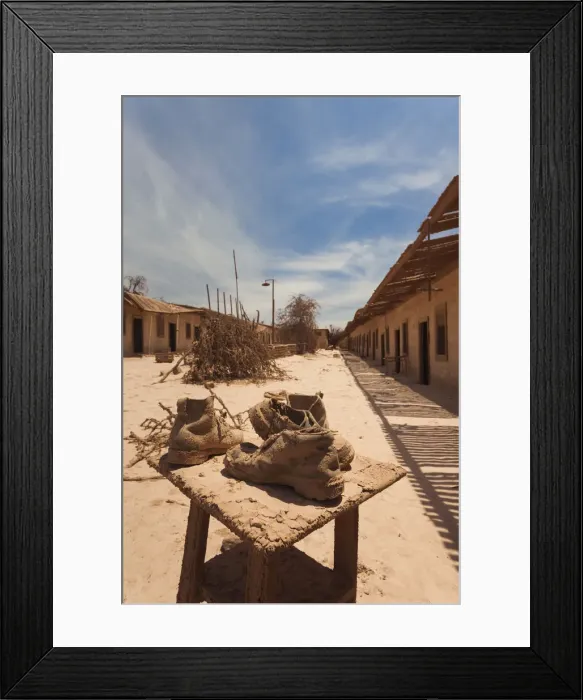 Framed Print : Chile, Officina Pedro de Valdivia, former saltpeter mining ghost town, old shoes