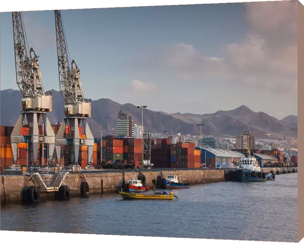 Chile, Antofagasta, harbor view with cargo cranes