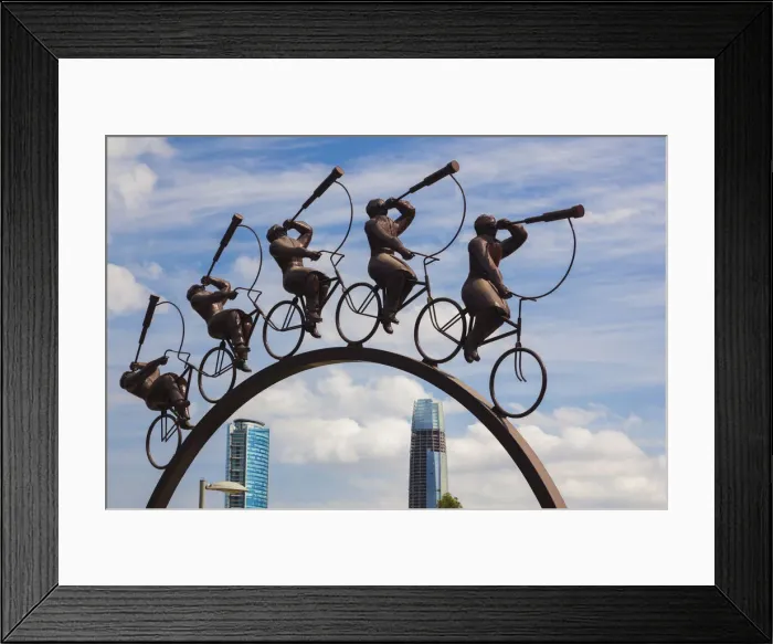 Framed Print : Chile, Santiago, Vitacura area, Parque Bicentenario park, bicyclist sculpture Framed Print : Chile, Santiago, Vitacura area, Parque Bicentenario park, bicyclist sculpture