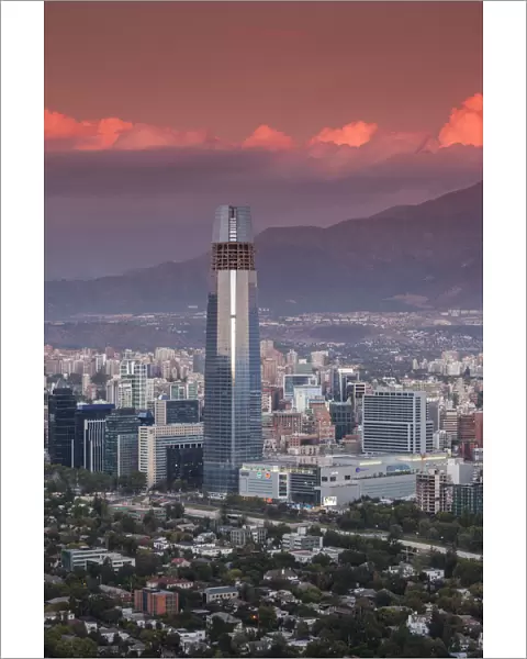 Chile, Santiago, elevated view of Providencia buildings and the Gran Torre Santiago