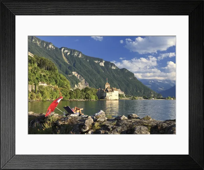 Framed Print : Switzerland, Vaud, Montreaux, Chateau de Chillon and Lake Geneva (Lac Leman) Framed Print : Switzerland, Vaud, Montreaux, Chateau de Chillon and Lake Geneva (Lac Leman)