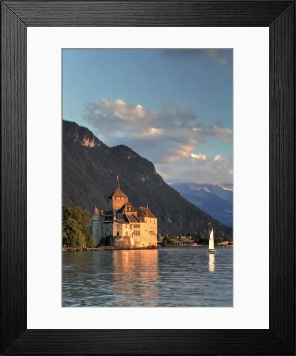Framed Print : Switzerland, Vaud, Montreaux, Chateau de Chillon and Lake Geneva (Lac Leman) Framed Print : Switzerland, Vaud, Montreaux, Chateau de Chillon and Lake Geneva (Lac Leman)