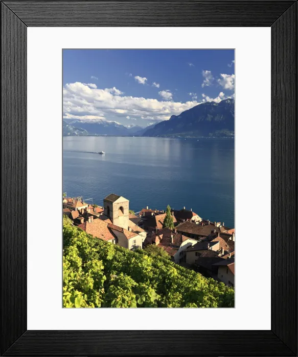 Framed Print : Switzerland, Vaud, Lavaux Vineyards, St. Saphorin Village and Lac Leman  /  Lake Geneva