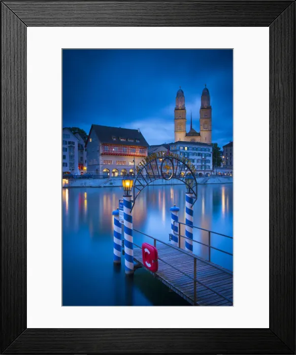 Framed Print : River Limmat and Grossmunster church, Zurich, Switzerland Framed Print : River Limmat and Grossmunster church, Zurich, Switzerland