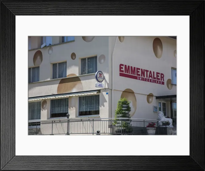 Framed Print : Guesthouse painted as an emmental cheese, Emmental Valley, Berner Oberland, Switzerland Framed Print : Guesthouse painted as an emmental cheese, Emmental Valley, Berner Oberland, Switzerland