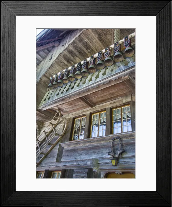 Framed Print : Old chalet with display of cow bells, in the Emmental Valley, Berner Oberland, Switzerland Framed Print : Old chalet with display of cow bells, in the Emmental Valley, Berner Oberland, Switzerland