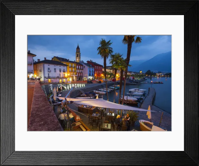 Framed Print : Asconas picturesque Lakeside Promenade and Boat Harbour illuminated at Dusk, Ascona Framed Print : Asconas picturesque Lakeside Promenade and Boat Harbour illuminated at Dusk, Ascona