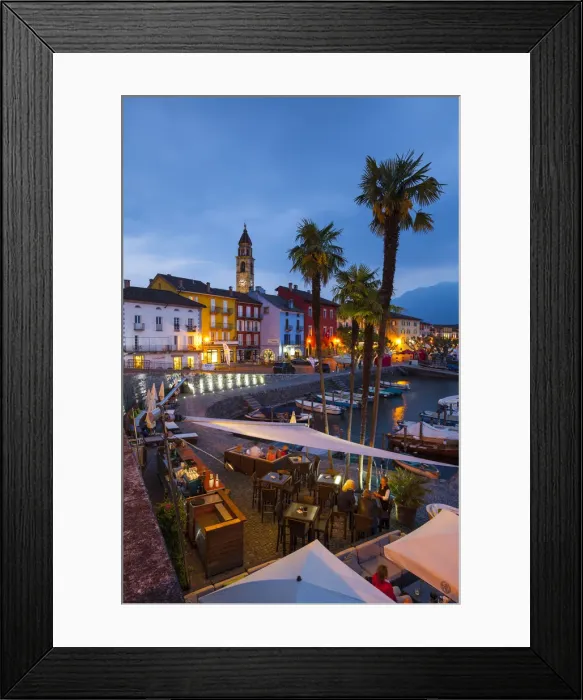 Framed Print : Asconas picturesque Lakeside Promenade and Boat Harbour illuminated at Dusk, Ascona Framed Print : Asconas picturesque Lakeside Promenade and Boat Harbour illuminated at Dusk, Ascona