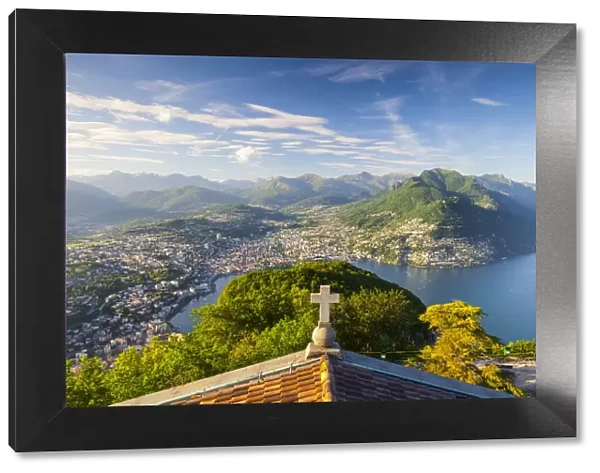 Elevated view over Lugano from Monte San Salvatore, Lake Lugano, Ticino, Switzerland