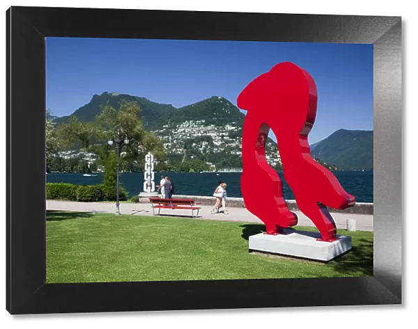 Switzerland, Ticino, Lake Lugano, Lugano, lakefront art by Riva Caccia