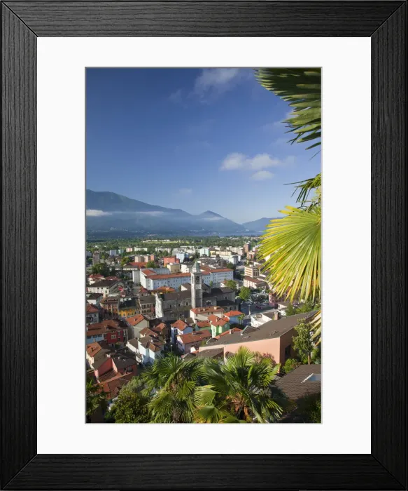 Framed Print : Switzerland, Ticino, Lake Maggiore, Locarno, high angle town view, morning