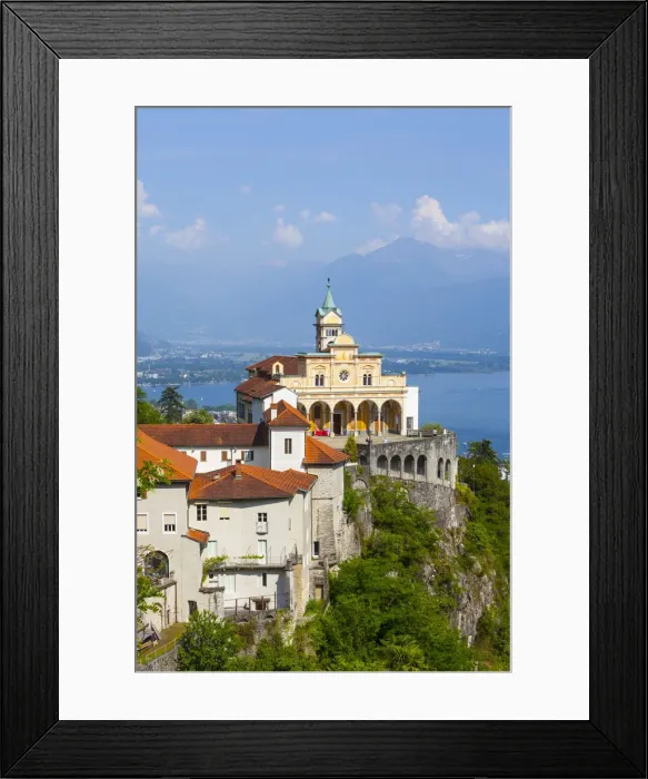 Framed Print : Elevated view over the picturesque Sanctuary of Madonna del Sasso, Locarno, Lake Maggiore Framed Print : Elevated view over the picturesque Sanctuary of Madonna del Sasso, Locarno, Lake Maggiore