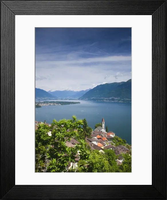 Framed Print : Switzerland, Ticino, Lake Maggiore, Ronco, town church and lake Framed Print : Switzerland, Ticino, Lake Maggiore, Ronco, town church and lake