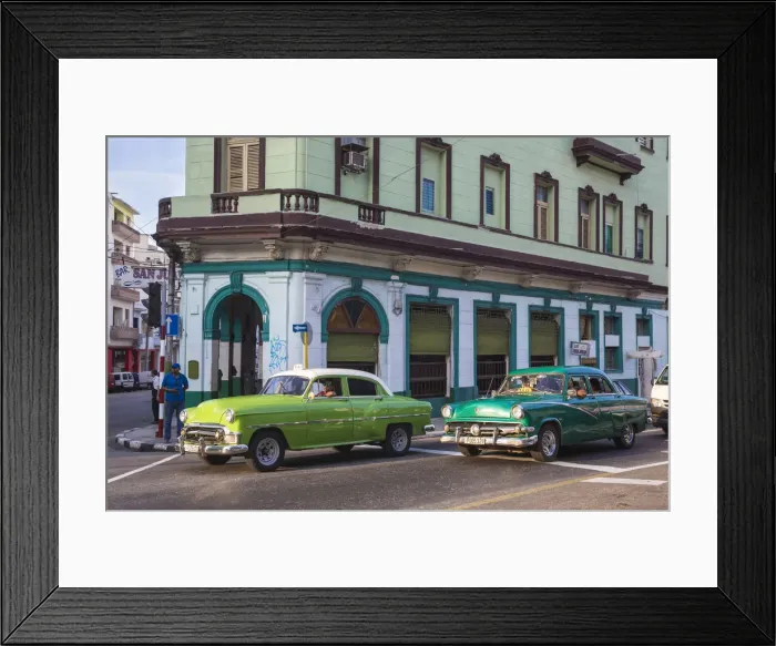 Framed Print : Cuba, Havana, Classic American cars passing by Bar San Juan Framed Print : Cuba, Havana, Classic American cars passing by Bar San Juan