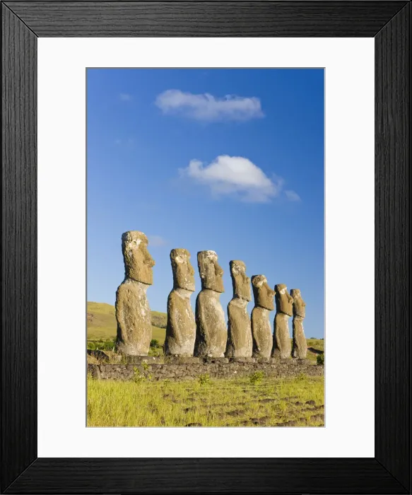 Framed Print : Chile, Rapa Nui, Easter Island, row of monolithic stone Moai statues known as Ahu Akivi Framed Print : Chile, Rapa Nui, Easter Island, row of monolithic stone Moai statues known as Ahu Akivi