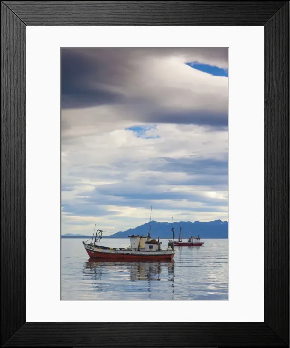 Framed Print : Chile, Magallanes Region, Puerto Natales, fishing boats, Seno Ultima Esperanza bay Framed Print : Chile, Magallanes Region, Puerto Natales, fishing boats, Seno Ultima Esperanza bay