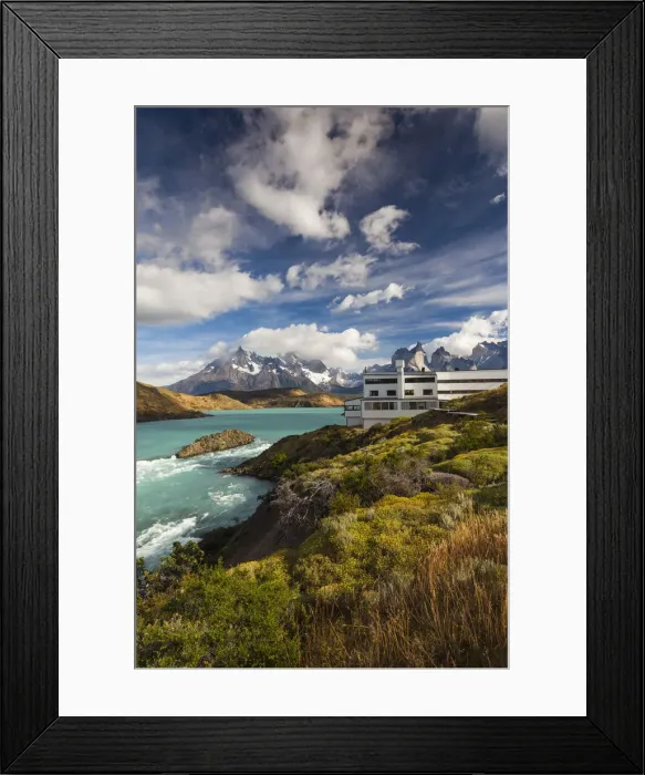 Framed Print : Chile, Magallanes Region, Torres del Paine National Park, Lago Pehoe, Explora Hotel Framed Print : Chile, Magallanes Region, Torres del Paine National Park, Lago Pehoe, Explora Hotel