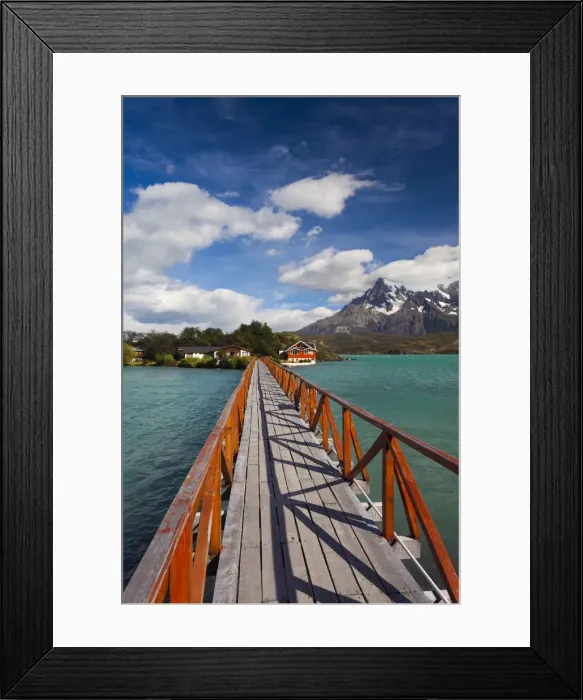 Framed Print : Chile, Magallanes Region, Torres del Paine National Park, Lago Pehoe, footbridge Framed Print : Chile, Magallanes Region, Torres del Paine National Park, Lago Pehoe, footbridge