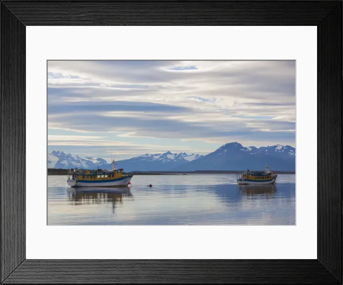Framed Print : Chile, Magallanes Region, Puerto Natales, tour boats on Seno Ultima Esperanza bay Framed Print : Chile, Magallanes Region, Puerto Natales, tour boats on Seno Ultima Esperanza bay