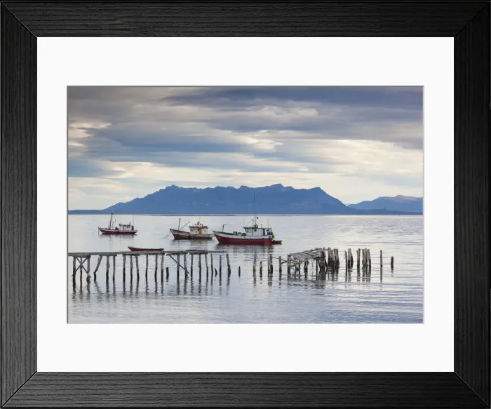 Framed Print : Chile, Magallanes Region, Puerto Natales, fishing boats, Seno Ultima Esperanza bay Framed Print : Chile, Magallanes Region, Puerto Natales, fishing boats, Seno Ultima Esperanza bay