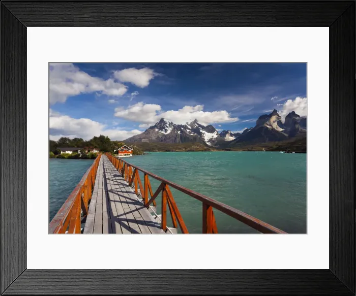 Framed Print : Chile, Magallanes Region, Torres del Paine National Park, Lago Pehoe, footbridge