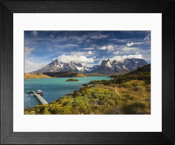 Framed Print : Chile, Magallanes Region, Torres del Paine National Park, Lago Pehoe, tour boat Framed Print : Chile, Magallanes Region, Torres del Paine National Park, Lago Pehoe, tour boat