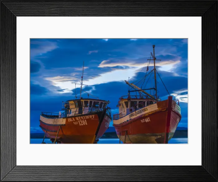 Framed Print : Chile, Magallanes Region, Puerto Natales, Seno Ultima Esperanza bay, fishing boats, dusk Framed Print : Chile, Magallanes Region, Puerto Natales, Seno Ultima Esperanza bay, fishing boats, dusk