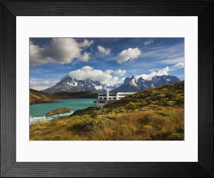 Framed Print : Chile, Magallanes Region, Torres del Paine National Park, Lago Pehoe, Explora Hotel Framed Print : Chile, Magallanes Region, Torres del Paine National Park, Lago Pehoe, Explora Hotel