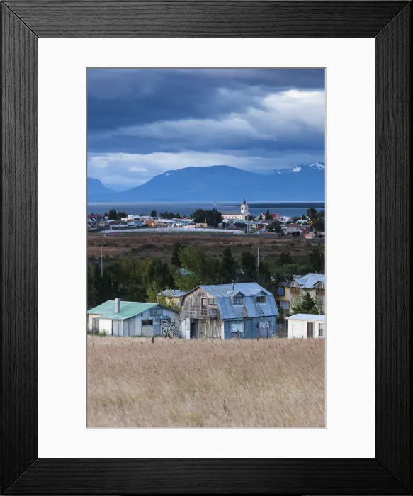 Framed Print : Chile, Magallanes Region, Puerto Natales, elevated town view Framed Print : Chile, Magallanes Region, Puerto Natales, elevated town view