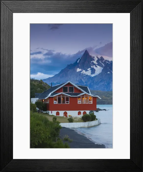 Framed Print : Chile, Magallanes Region, Torres del Paine National Park, Lago Pehoe, Hosteria Pehoe Framed Print : Chile, Magallanes Region, Torres del Paine National Park, Lago Pehoe, Hosteria Pehoe