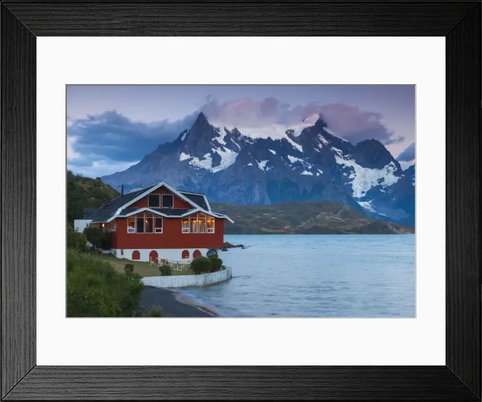 Framed Print : Chile, Magallanes Region, Torres del Paine National Park, Lago Pehoe, Hosteria Pehoe