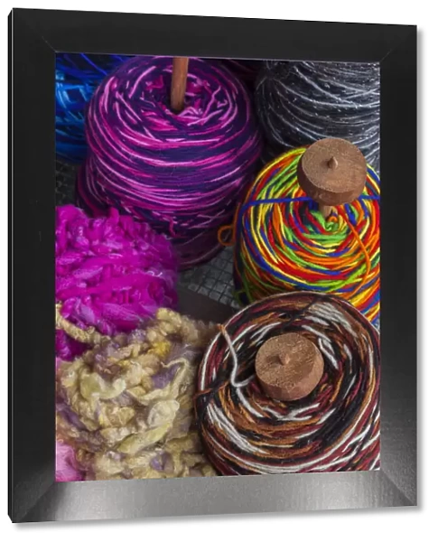 Chile, Los Lagos Region, Puerto Montt, Angelmo harbor market, Chiloe wool yarn dyed