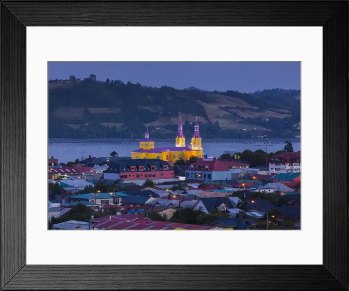 Framed Print : Chile, Chiloe Island, Castro, Iglesia de San Francisco church, elevated view, dusk Framed Print : Chile, Chiloe Island, Castro, Iglesia de San Francisco church, elevated view, dusk
