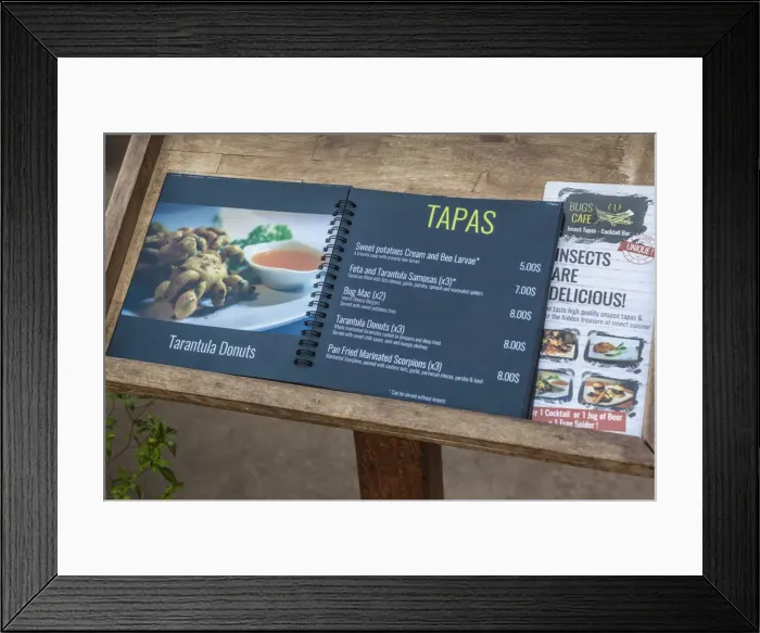 Framed Print : Cambodia, Siem Reap, Bugs Cafe, restaurant that serves cooked insects, menu showing Framed Print : Cambodia, Siem Reap, Bugs Cafe, restaurant that serves cooked insects, menu showing