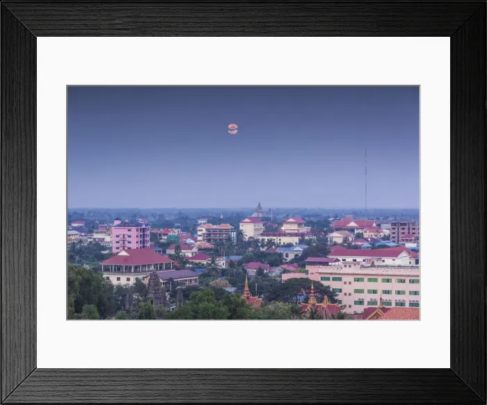 Framed Print : Cambodia, Battambang, elevated city view and moonrise, dusk Framed Print : Cambodia, Battambang, elevated city view and moonrise, dusk