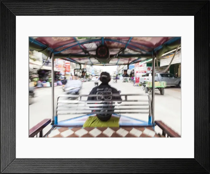 Framed Print : Cambodia, Battambang, view from inside a remorque motorbike taxi, motion blur Framed Print : Cambodia, Battambang, view from inside a remorque motorbike taxi, motion blur